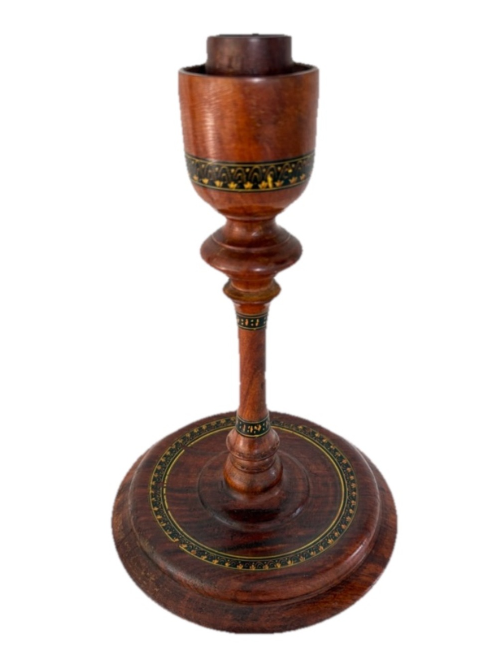 Hand Crafted Brown Wooden Candle Holder with Gold Banding